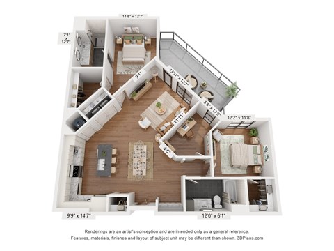 Floor plan for 2 beds, 2 baths, 1317 sqft